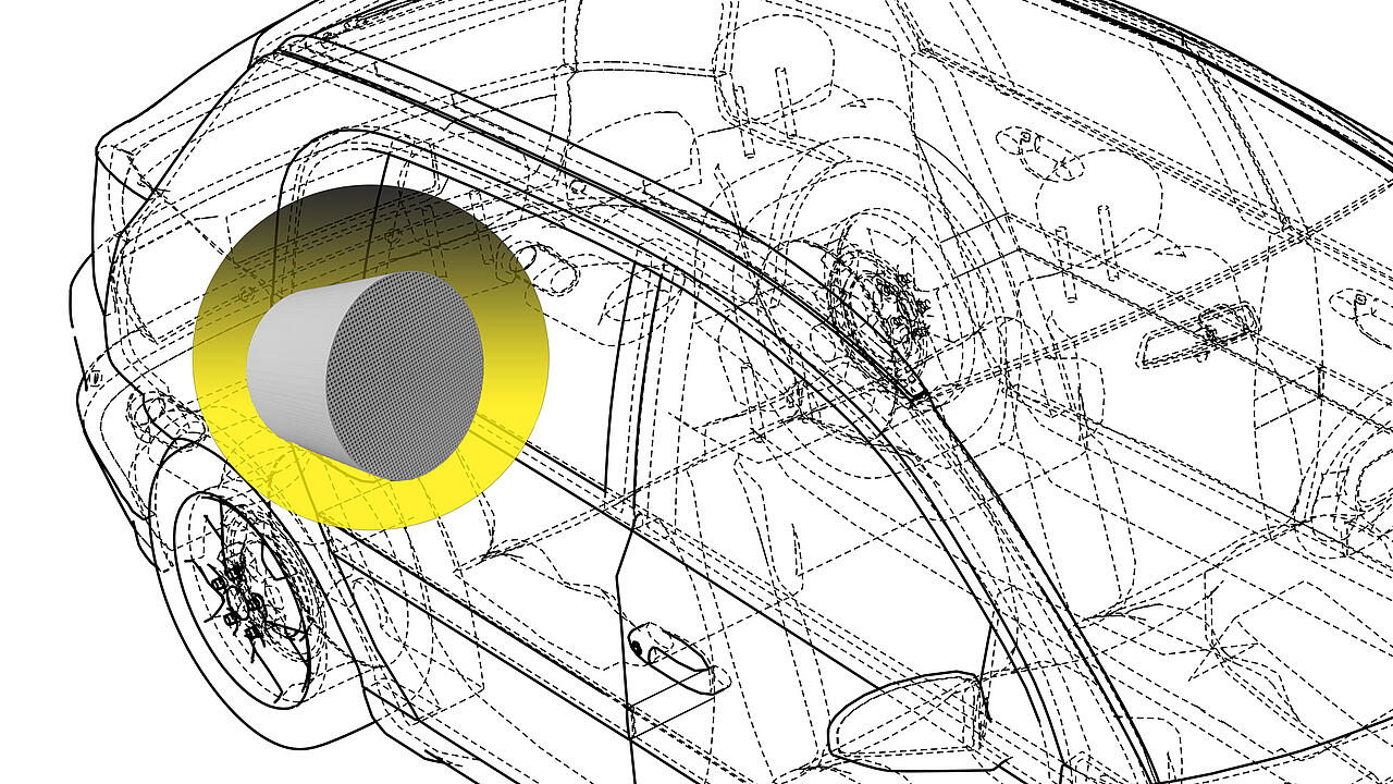 Filtro de escape sobre fondo amarillo en la parte trasera de un coche transparente