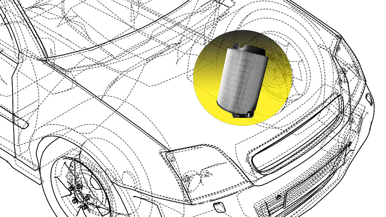 Filtro de admisión de aire sobre fondo amarillo en el compartimento del motor de un turismo transparente