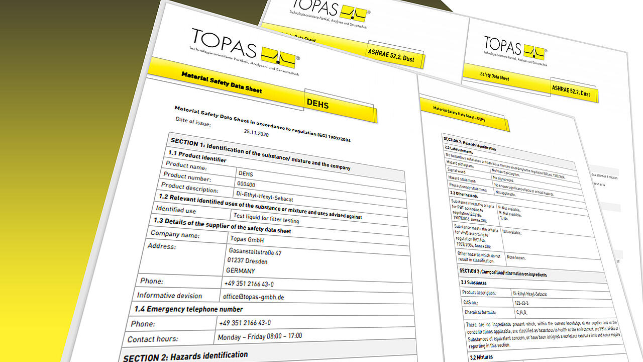 Círculo amarillo con el título «Fichas de datos de seguridad», recortes de fichas de datos de seguridad y el logotipo de la empresa