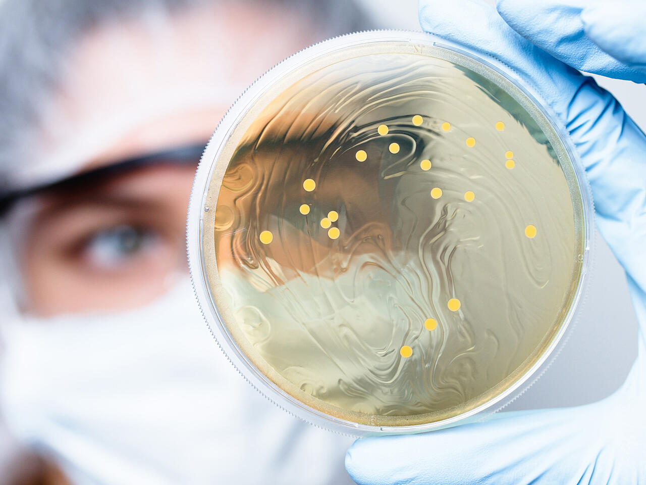 Investigador al fondo con una placa de Petri con bacterias en la mano (en primer plano)