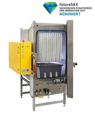 Cabina de acondicionamiento TDC 584 /ATEX, vista frontal y logotipo de Futuresax