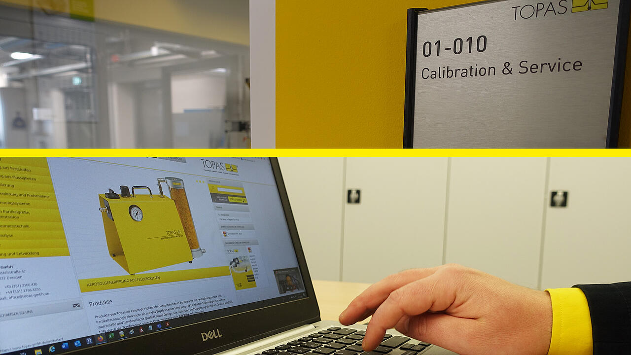 Imagen dividida: arriba, vista a través de la ventana del laboratorio de calibración; abajo, una mano sobre el teclado delante del ordenador.