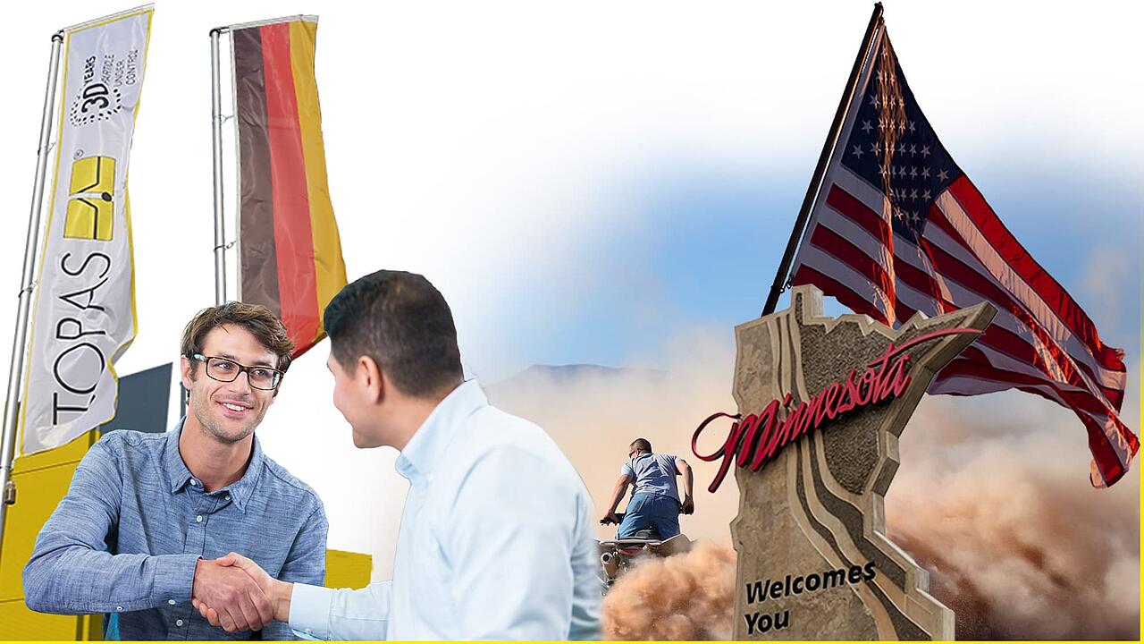 Collage sobre el tema de la filial estadounidense: compañeros dándose la mano, banderas de Topas, Alemania y EE. UU., rocas con la inscripción «Minnesota», un motorista en la arena