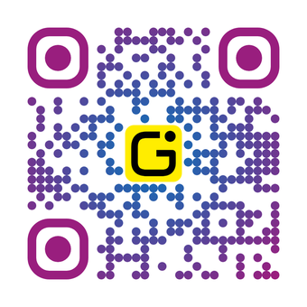 QR decoratif : points ronds, degrade bleu-magenta, logo G au centre