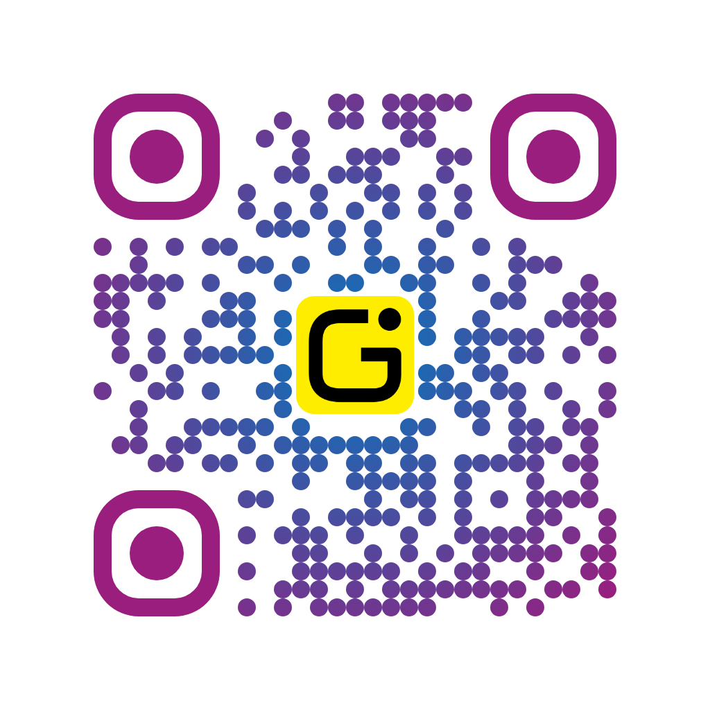 QR code aux couleurs de la marque : points ronds, degrade radial bleu vers magenta, yeux magenta, logo G jaune au centre