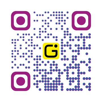 QR a points ronds dont la taille croit en diagonale, du fin en haut-gauche au gros en bas-droite, logo G jaune au centre