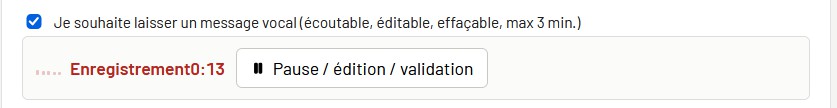 Enregistrement en cours : compteur 0:13 qui defile et bouton Pause / edition / validation
