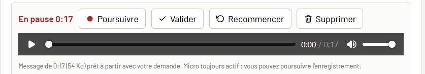 Message en pause : commandes Poursuivre, Valider, Recommencer, Supprimer, et un lecteur audio a 0:00 sur 0:17