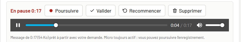 Lecture en cours du message : curseur a 0:04 sur 0:17, barre de progression remplie